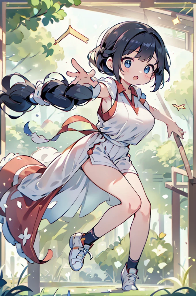 Highest quality、High resolution、Detailed Background、Beautiful Face、High detail、(Perfect Anatomy, Perfect Style)、(Detailed facial expressions)、(fine grain:1.2)、Teenage Beauty、(very wide shot:1.5, full body:1.4), One Girl、, Cute black hair、Braided Bob, Braided, clear, deep blue eyes、Braided Ponytail, Braided bob cut, Basketball game in the gym, jumping:1.5, dunking:1.5, brake, Incredible jumping ability:1.5, Suspended in the air in a shooting position:1.5, Incredible jumping power and long flight times, ((aerial view:1.5, shoot from side, looking up)), (Bright red basketball uniform:1.5, White Line、Same color above and below, No sleeve:1.5, Shorts, High-cut basketball shoes)、(armpit:1.2), ((large breasts:1.2, pointy breasts:1.2, high breasts:1.2)), Throw a basketball held above your head into the top of the goal, Dunk Shot、The goal ring is 3m above the ground.