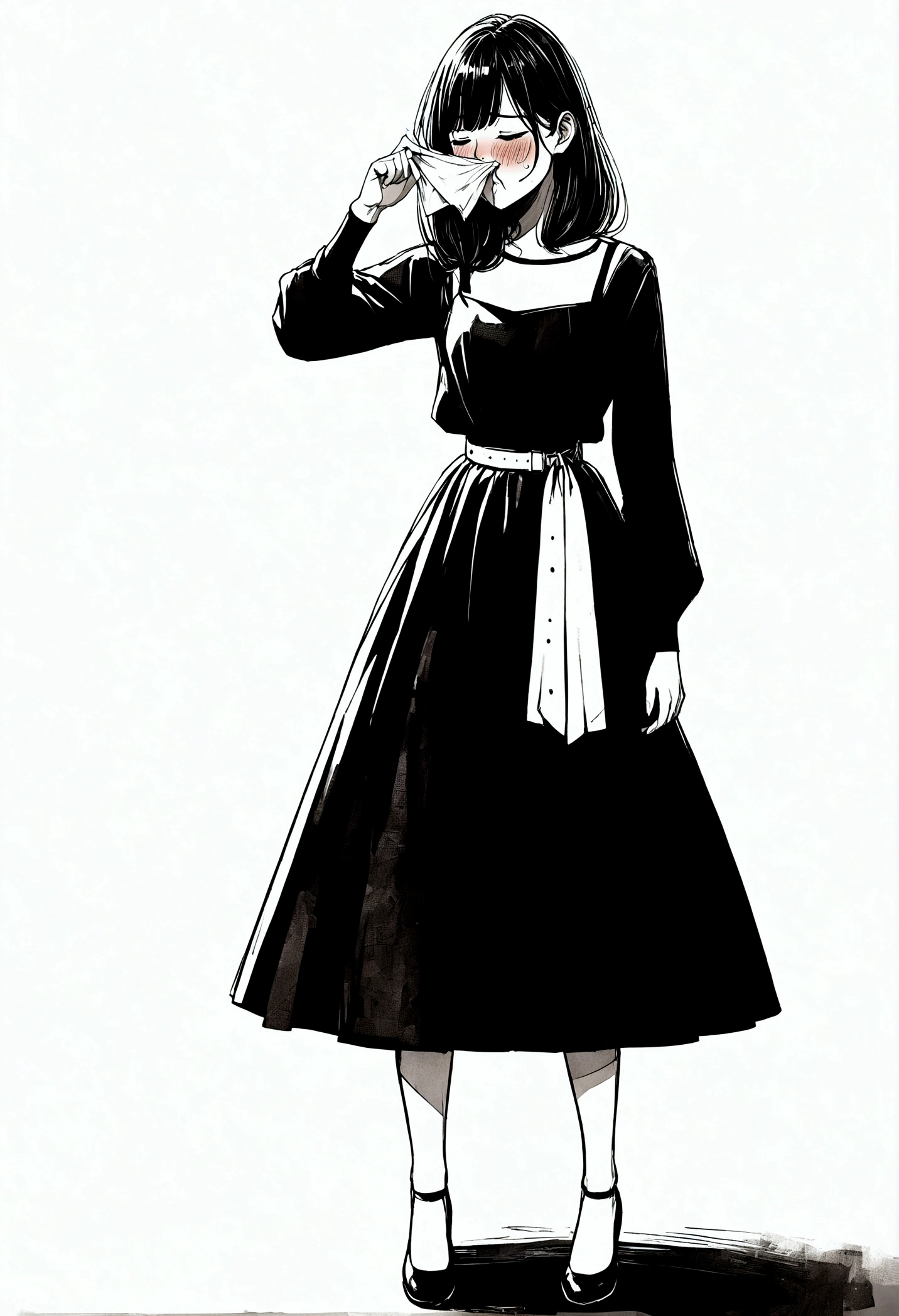 Anime. Girl. Cold. Runny nose. Nasal mucus. Snot. Snot flows from the nose. Handkerchief. Sneeze. Sneezing. Sneezes. Dress. Shoes. Standing. Embarrassment. Blush. Allergy. Strong desire to sneeze. She sneezed. hand covers nose. Blows his nose. Full height. Full body. High detail.