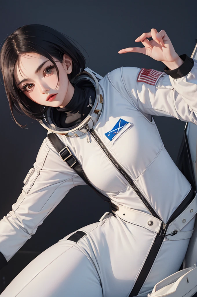 Masterpiece, of the highest quality, ultra detailed, Masterpiece, professional photography, beautiful girl, Sexy outfit, black hair, astronaut suit, latex suit, spring outfit, colorful hair, exterior ,Upper part of the body, Sadness, worry