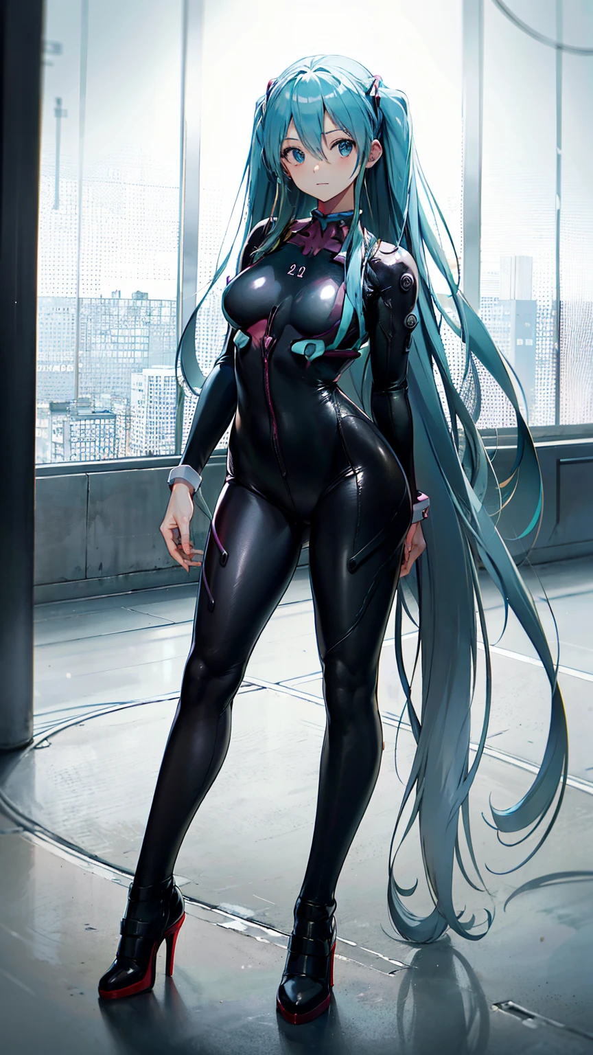 ((初音ミクはPlug Suitを着ている))、Big Breasts、Latex bodysuit、Plug Suit((Neon Genesis EVANGELION))、Plug Suitの色は白と水色、High heels、The background is ruins、high resolution、2010s anime style、8K CG
