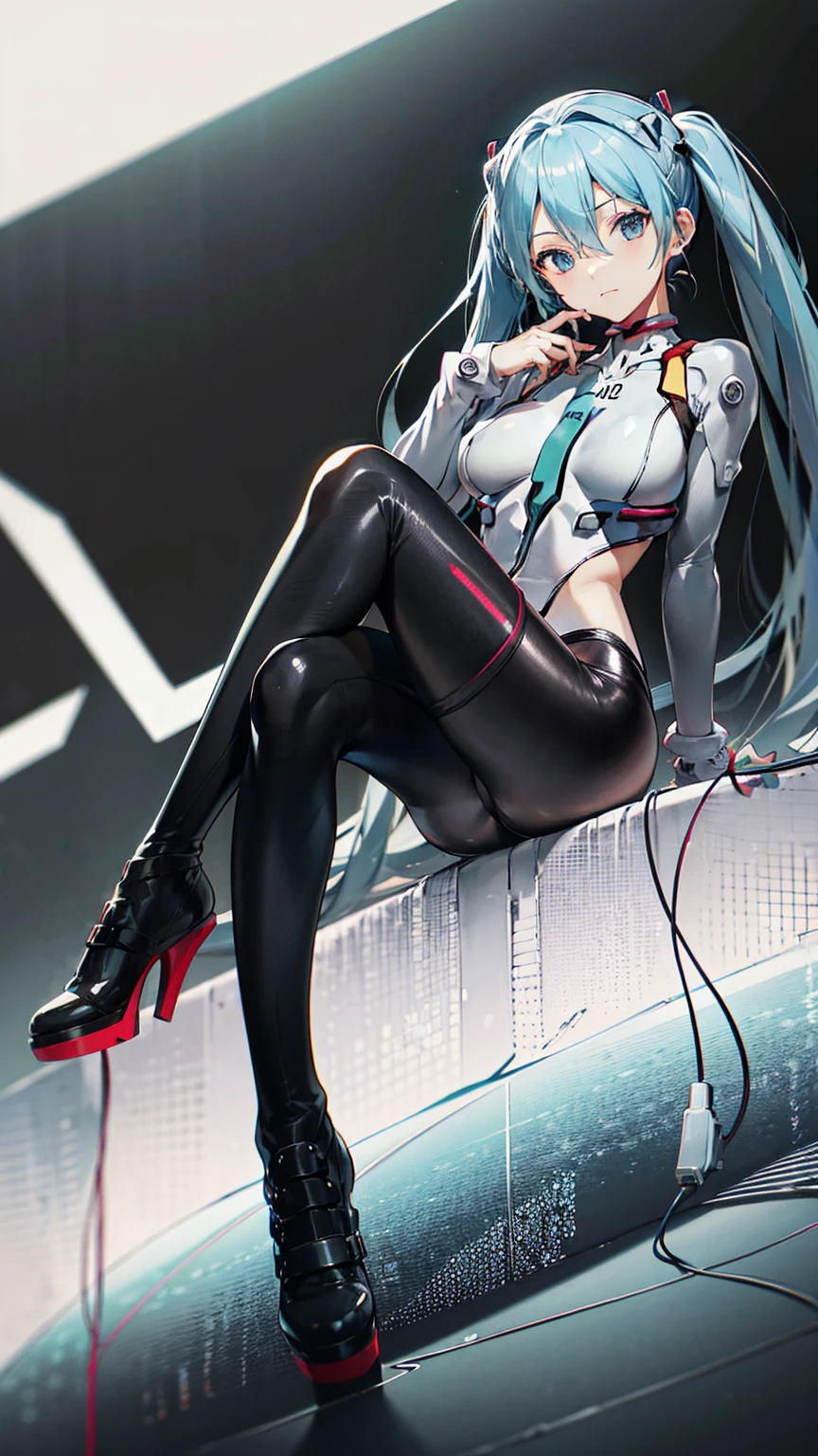 ((初音ミクはPlug Suitを着ている))、Big Breasts、Latex bodysuit、Plug Suit((Neon Genesis EVANGELION))、Plug Suitの色は白と水色、High heels、The background is ruins、high resolution、2010s anime style、8K CG