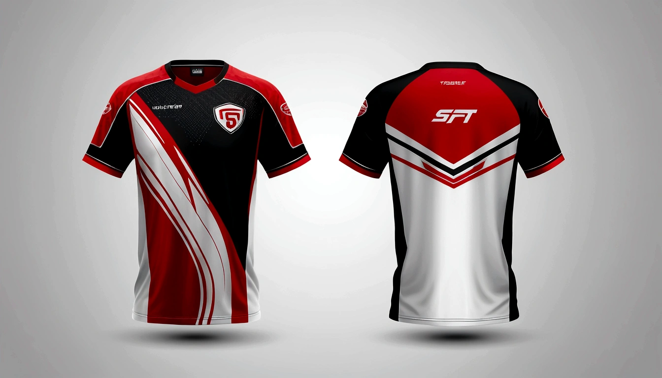 a red and white jersey with a futuristic design, racing, e-sport style, no jersey, sport clothing, wearing a volleyball jersey, sports clothing, black jersey, shirt design, t shirt design, e-sports logo vector, esports, realistic clothing, tshirt design, t - shirt design, t-shirt design, gaming, professional sports style, sport t-shir