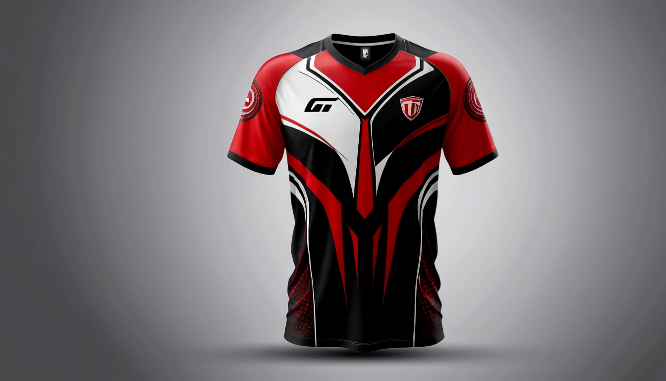 a red and white jersey with a futuristic design, racing, e-sport style, no jersey, sport clothing, wearing a volleyball jersey, sports clothing, black jersey, shirt design, t shirt design, e-sports logo vector, esports, realistic clothing, tshirt design, t - shirt design, t-shirt design, gaming, professional sports style, sport t-shir