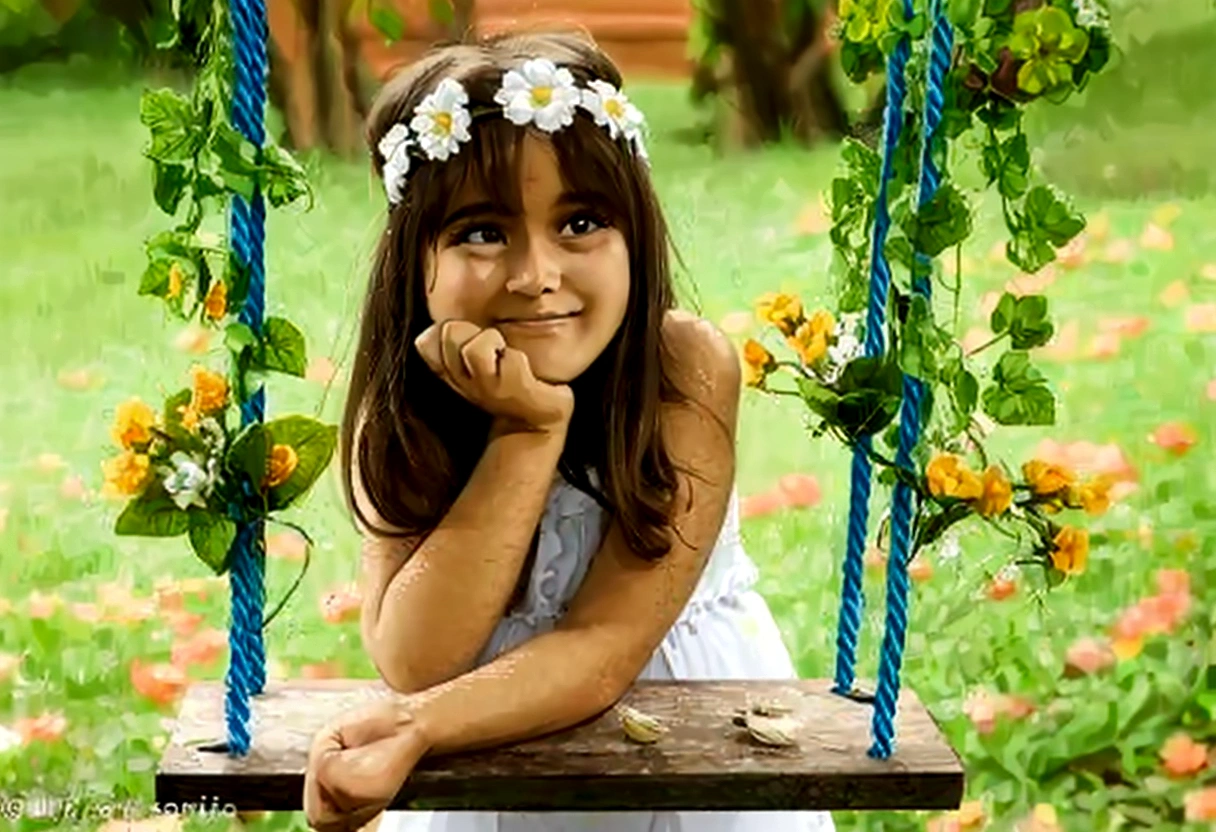 arafed girl sitting on a swing with flors in her hair, por Lilia Alvarado, flor , bonitinho beautiful, bonitinho young girl, beautiful bonitinho, bonitinho girl, girl in flors, Sorriso inocente, sitting with flors, garota feliz, doce e inocente, bonitinho , bonitinho and lovely, garota muito linda, flors on heir cheeks