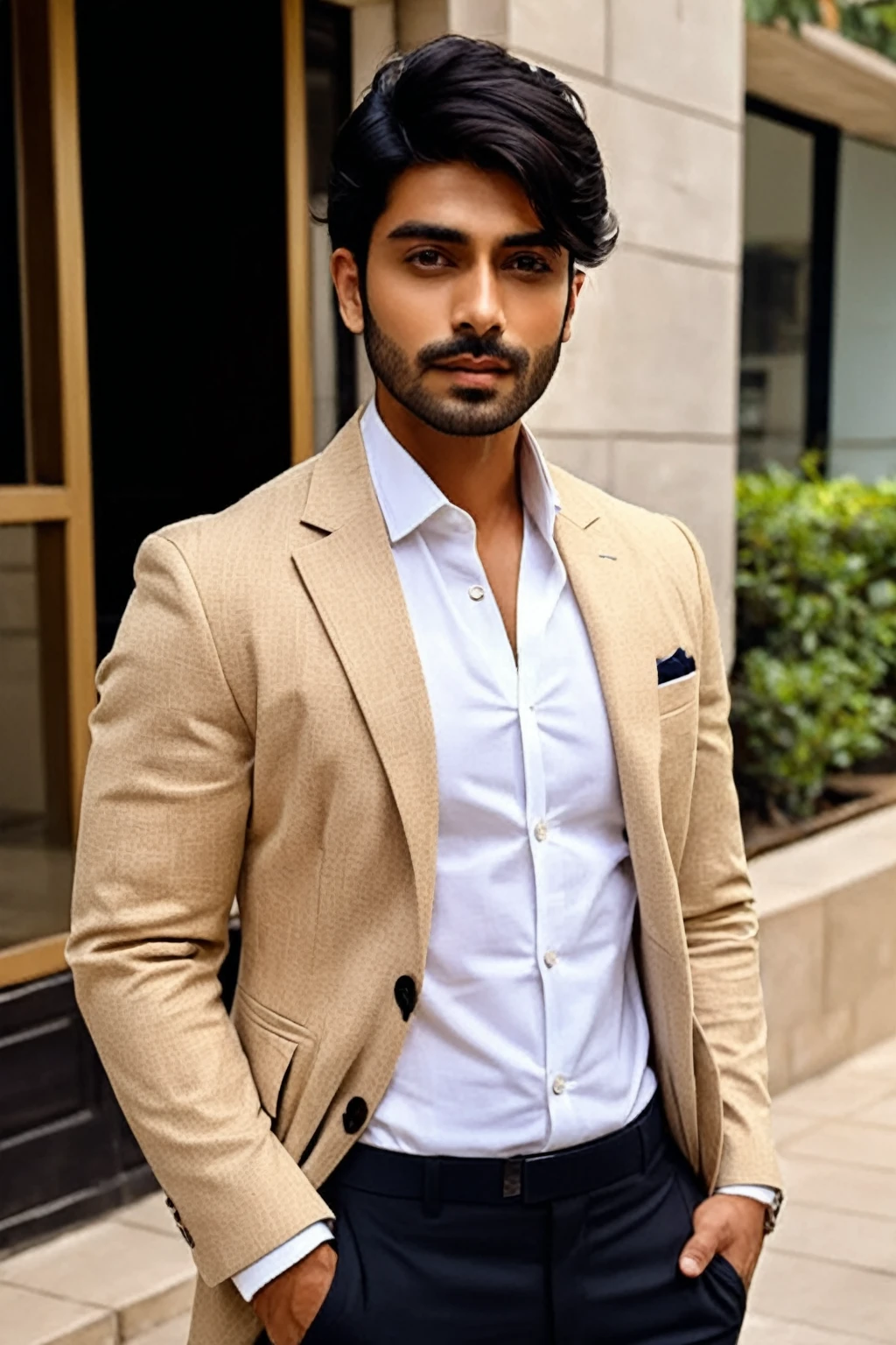 arafed man in a tan suit and white shirt standing outside, handsome and elegant, handsome man, handsome male, handsome and attractive, a handsome, inspired by Kailash Chandra Meher, inspired by Max Dauthendey, riyahd cassiem, inspired by Adam Dario Keel, dressed in a jodhpuri suit, inspired by Saurabh Jethani round face