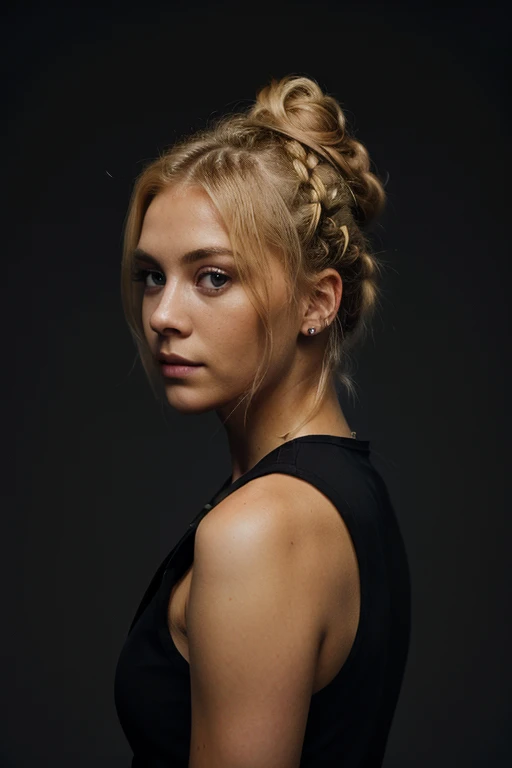 an eye contact of a blond with bun hair and dark theme