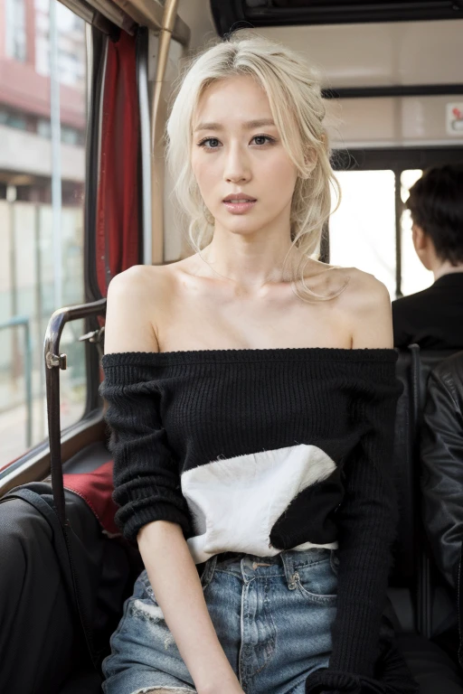 On the bus,best quality, masterpiece, Ultra-high resolution, (Reality: 1.4), RAW photos, 1 Girl, grace,dignified,Princess,Perfect body,Off-shoulder, light, Kissing position, White hair, White hair