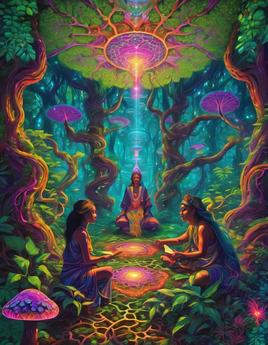 a bright vivid psychedelic dmt dream of a Banisteriopsis caapi vine and the leaves of the Psychotria viridis & mimosa hostilis magic mushrooms & ayahuasca tree seen in bioluminescent dream neon forestof sacred geometry. with mother ayahuasca spirit sat cross legged at bottom reading a book to a shamanic tribes people. with a spiralling vortex of flourescent bright colours and patterns hexagonal honeycomb shapes