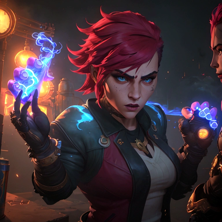 A dynamic pose of Vi from Arcane: League of Legends, with detailed face, wearing her signature blue and yellow jacket, with her gauntlets raised, and a determined expression on her face. She has short pink hair, blue eyes, and a Roman numeral VI tattoo on her cheek. Her attire is punk-inspired, featuring a leather jacket, and she has large mechanical gauntlets. Her physique is athletic and muscular. The background is a dark, gritty alleyway in Zaun, with flickering neon lights and smoke in the air. The scene is lit by a single spotlight, illuminating Vi.