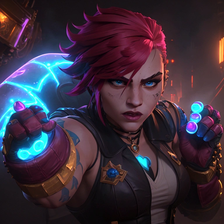 A dynamic pose of Vi from Arcane: League of Legends, with detailed face, wearing her signature blue and yellow jacket, with her gauntlets raised, and a determined expression on her face. She has short pink hair, blue eyes, and a Roman numeral VI tattoo on her cheek. Her attire is punk-inspired, featuring a leather jacket, and she has large mechanical gauntlets. Her physique is athletic and muscular. The background is a dark, gritty alleyway in Zaun, with flickering neon lights and smoke in the air. The scene is lit by a single spotlight, illuminating Vi.