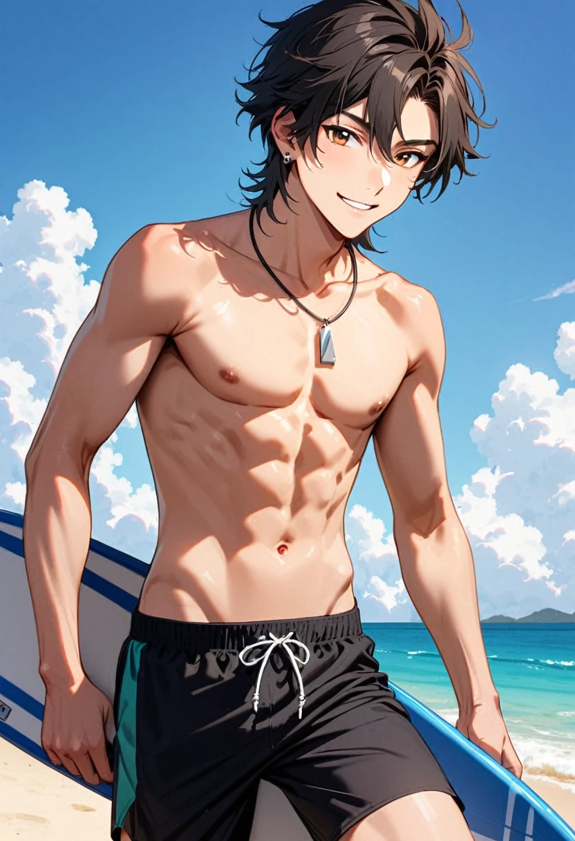 A young man, 22-years-old, solo, Caucasian, masculine face, shaggy tousled black hair, brown eyes, cheerful smile, no shirt, shirtless, black swimming trunks, thin silver necklace, small silver earrings, beach, surfboard
