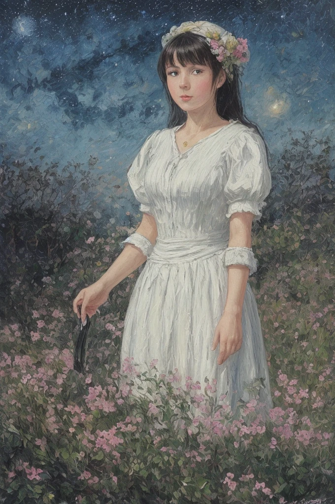 Close-up shot, an Anime  wearing a white glass , standing on the land,night view ,Many stars on the night sky,The Milky Way ,colorful flowers,headshot close-up, oil painting style, very obvious oil painting strokes, impressionist palette style, 32k uhd, beautiful, booru, Old time, color cartoon --ar 3:4 --