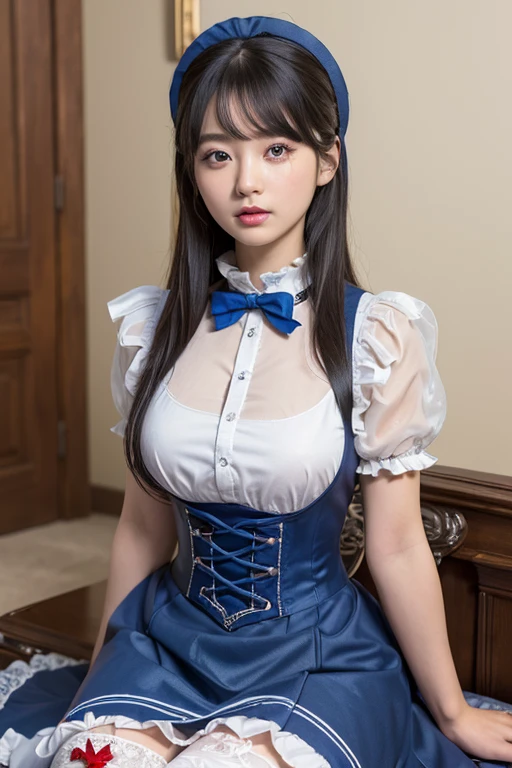 (((masterpiece))), (((highest quality: 1.4))), ((Super detailed: 1.4)) , ulzzang-6500-v1.1, (RAW Photos:1.2), (Realistic), (See through:1.3), (masterpiece), (Genuine:1.4), Very detailed, Sharp focus, Tensura:bright valentine、One beautiful woman, ((Beautiful, shiny silver grain、Detailed face、((Right eye is red、Bright blue left eye))、Gothic ta Maid Clothing、Knee-high socks、