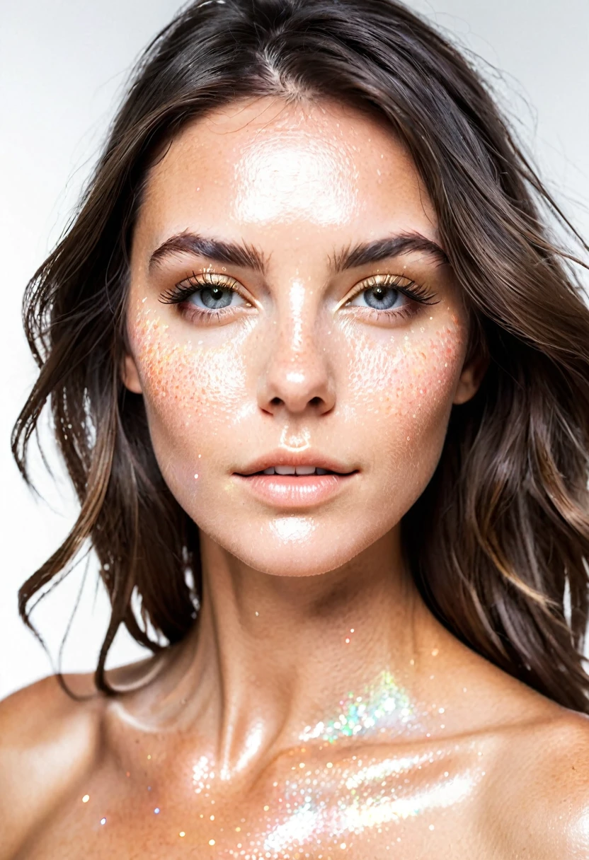 Photograph of a female model, white background,flare all over her face, invisible --ar 4:5 --s 50 --v 6.0 --style raw