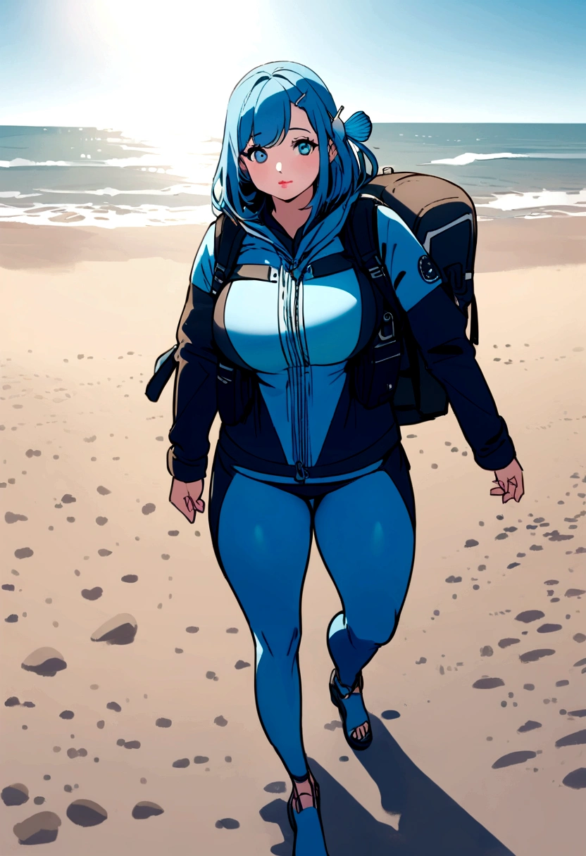 make a caucasian girl with chubby body, blue long hair with a shell hairpin and pink lips. shes wearing a scuba clothe on. she's standing on the beach walking in front of the camera.