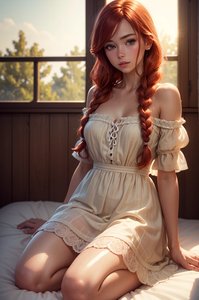 aika, 1girl, solo, long hair:1.5, looking at viewer, blush, bangs, closed mouth, green eyes, orange hair, shy, tsundere, jewelry, collarbone, off-shoulder shirt, white shirt, puffy short sleeves, belt, skirt, floral print, bare legs, masterpiece,best quality,ultra-detailed,very detailed illustrations,extremely detailed,intricate details,highres,super complex details,extremely detailed 8k cg wallpaper, caustics,reflection,ray tracing, blush, background, illustration, bare legs, liying on bed, on back, bed, (lift skirt),huge breast,