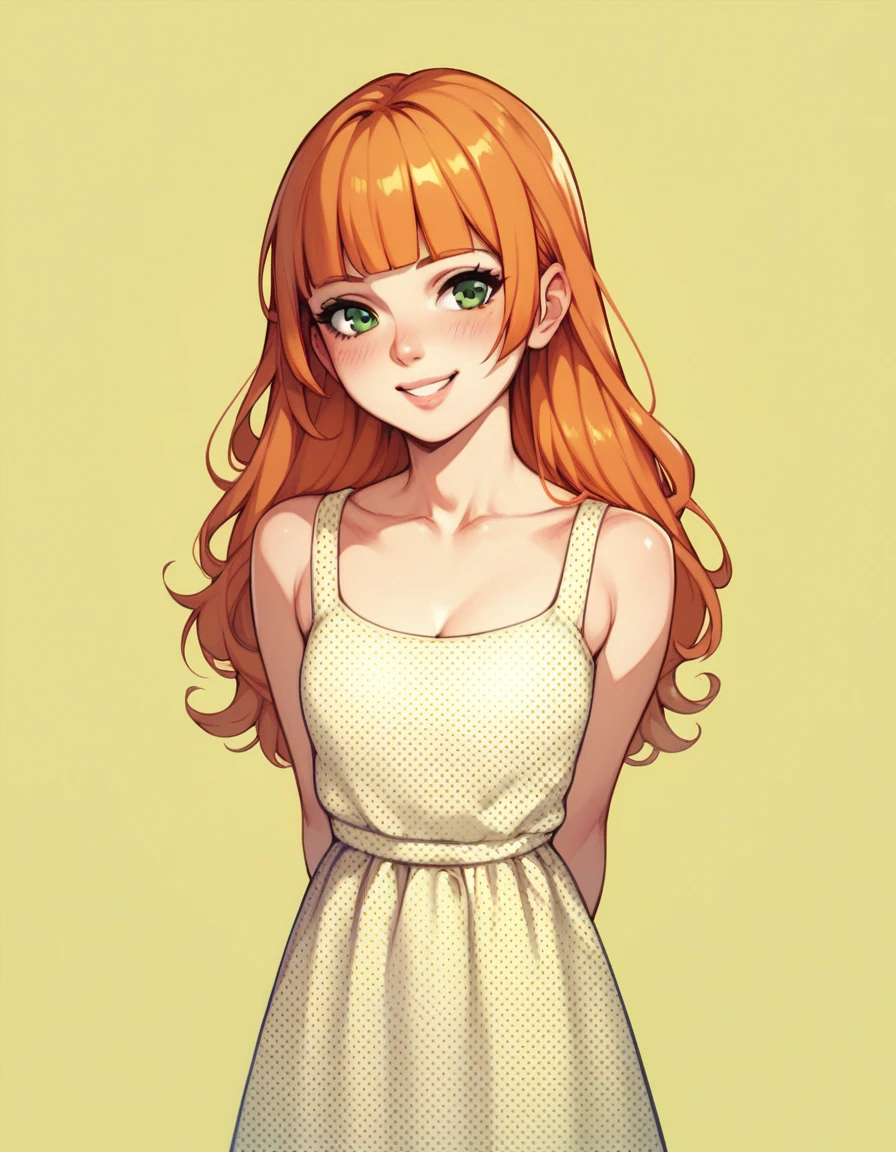 1girl, orange hair, long hair, blunt bangs, blush, (lips:0.8), smile, green eyes, collarbone, yellow background, polka dot dress,  arms behind back,  