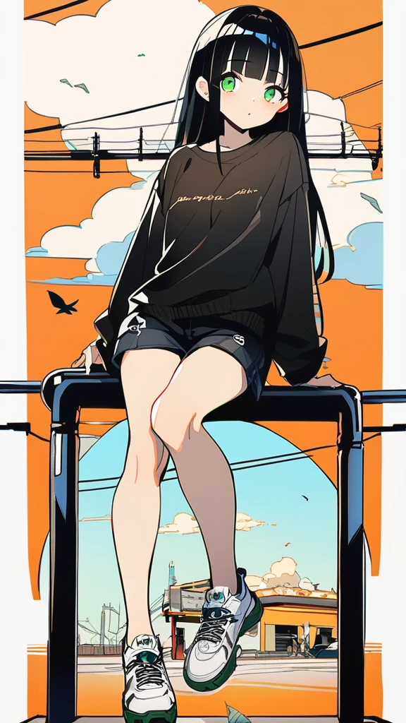 masterpiece, Exquisite detail,Highest quality, One girl, alone, handrail, cloud, 立ってzeroを見上げている,Long Hair, shoes, zero, Long sleeve, sneakers, Power lines, White footwear, Black Hair, View your viewers, Electric pole, bangs, cloudy zero, fish, bird, Green Eyes, Shorts, Day, Black Shirt, barefoot