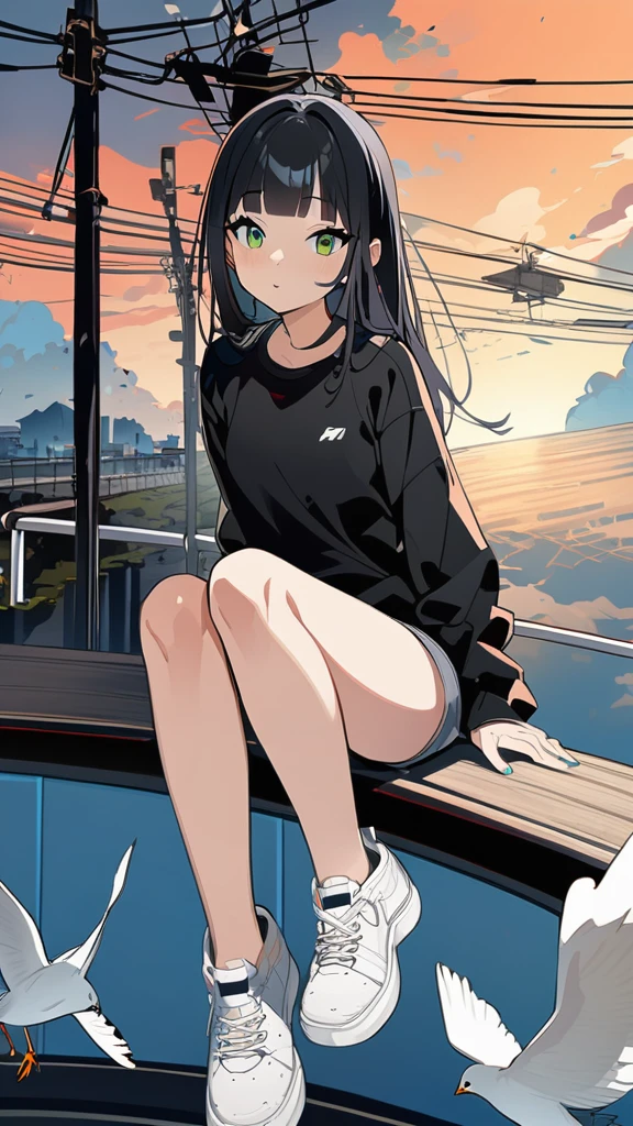 masterpiece, Exquisite detail,Highest quality, One girl, alone, handrail, cloud, 立ってzeroを見上げている,Long Hair, shoes, zero, Long sleeve, sneakers, Power lines, White footwear, Black Hair, View your viewers, Electric pole, bangs, cloudy zero, fish, bird, Green Eyes, Shorts, Day, Black Shirt, barefoot