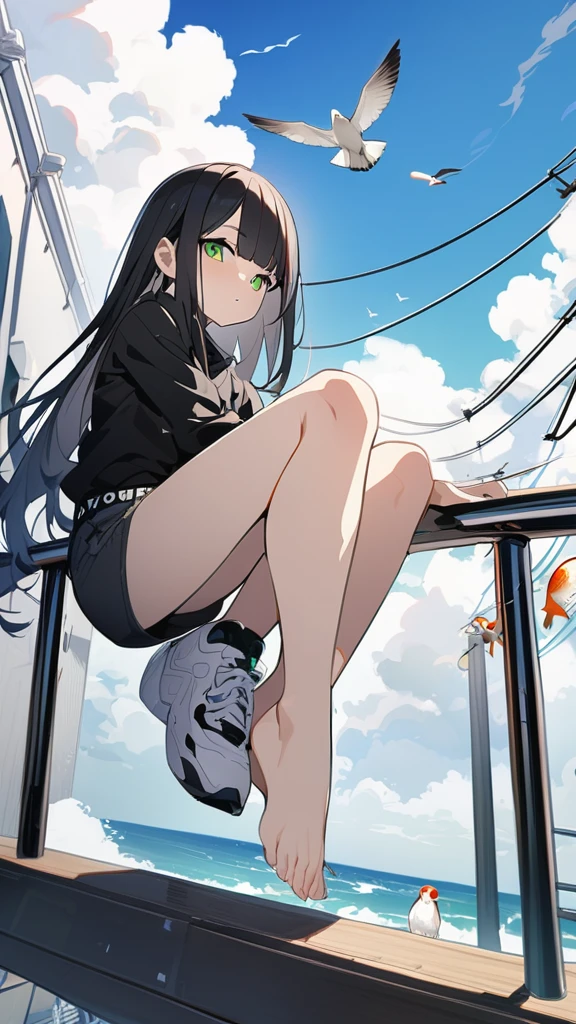 masterpiece, Exquisite detail,Highest quality, One girl, alone, handrail, cloud, 立ってzeroを見上げている,Long Hair, shoes, zero, Long sleeve, sneakers, Power lines, White footwear, Black Hair, View your viewers, Electric pole, bangs, cloudy zero, fish, bird, Green Eyes, Shorts, Day, Black Shirt, barefoot
