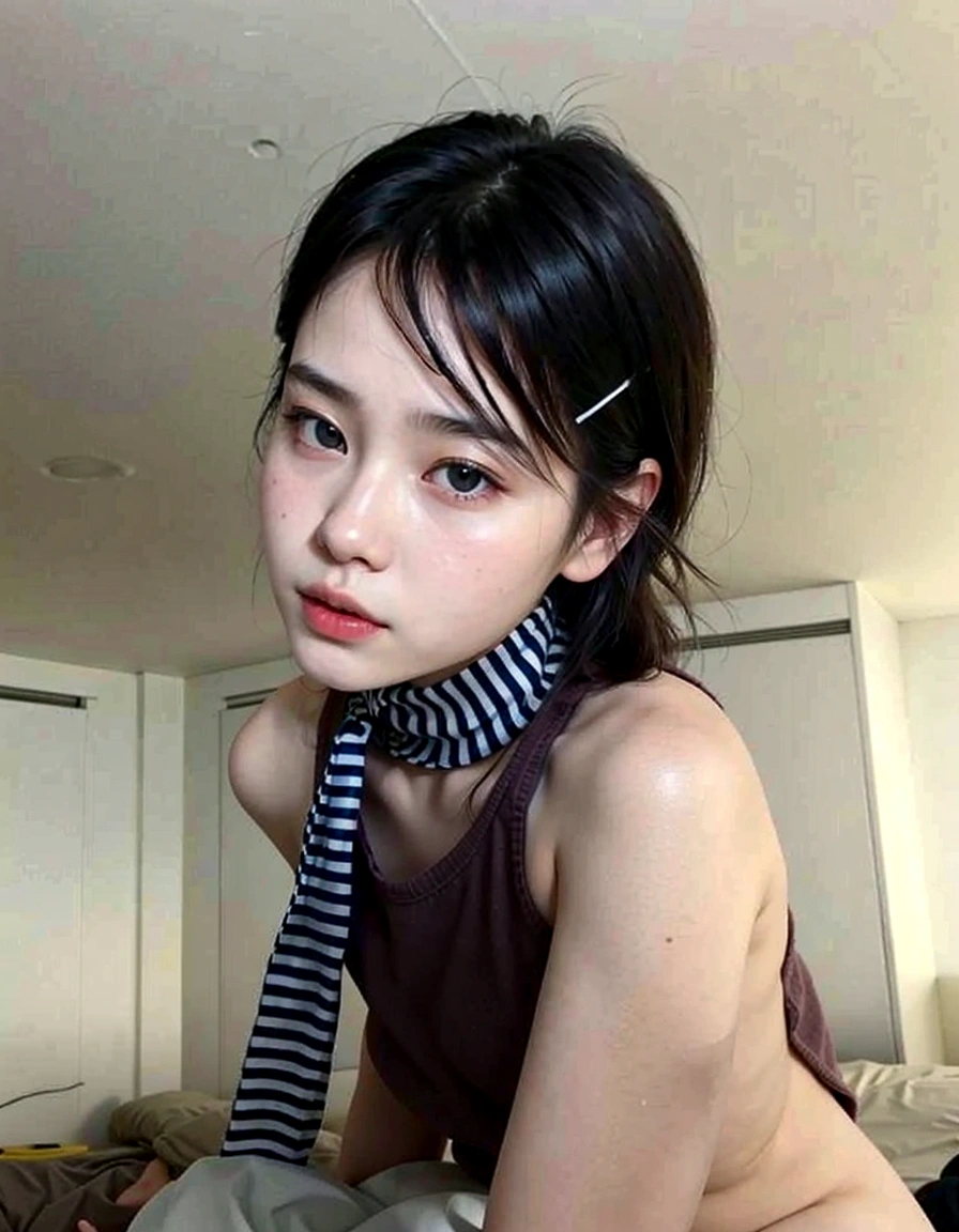 there is a young woman sitting on a bed with a tie, shikami, chiho, chen xintong, Sakimichan, ulzzang, Yoshitomo Nara, korean girl, 🤤 girl portrait, Young cute pale asian face, 19 year old girl, motto hole, with short hair