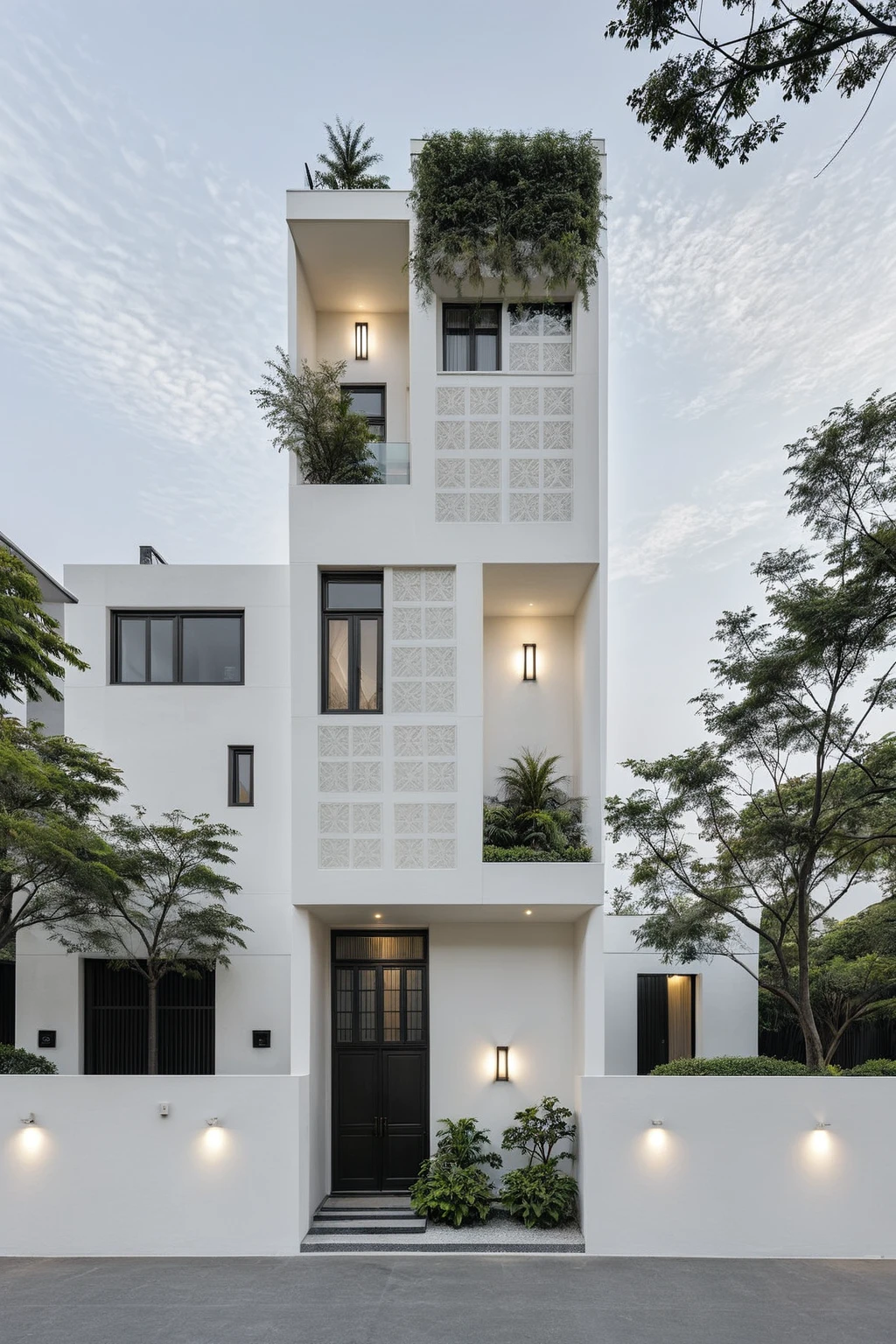 RAW photo, a photo of a modern house, (curvilinear archrchitecture:1.4), Wabisabi style rounded wall, white wall, steel black gate, sidewalk, sidewalk trees, ((grey gate:1.2)), road, viet nam modern residence, ((architectural shot)), rough white wall, new residential area, wide angle exterior 2022, contemporary house, exterior photography, masterpiece, contemporary architecture, overcast, indirect lighting