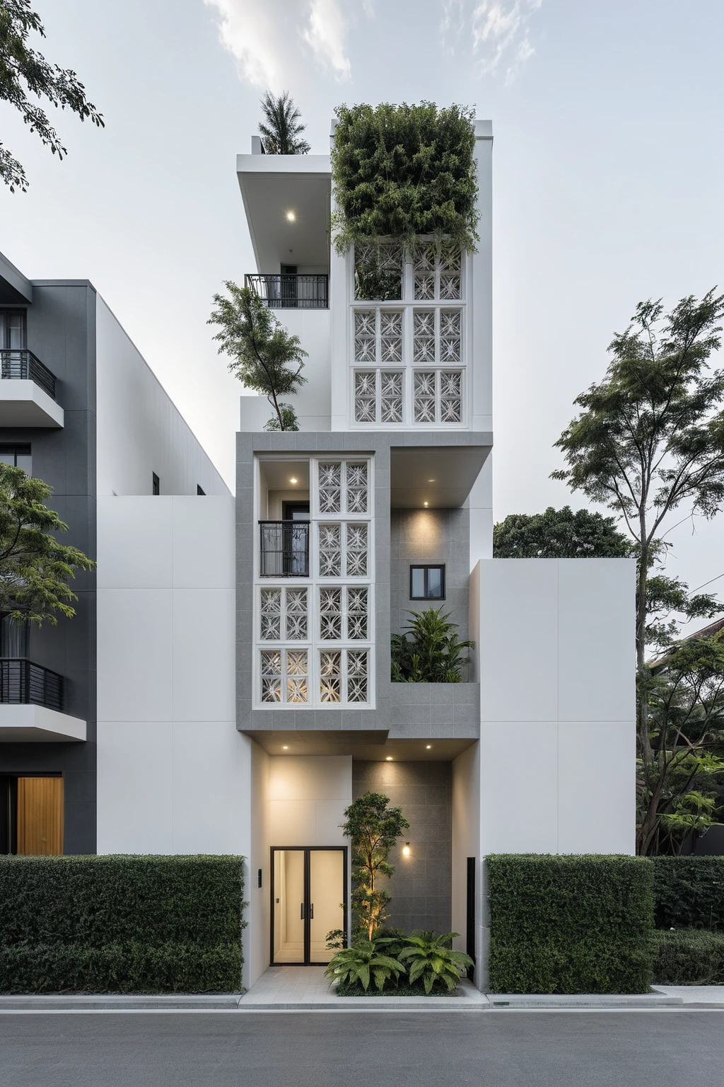 RAW photo, a photo of a modern house, (curvilinear archrchitecture:1.4), Wabisabi style rounded wall, white wall, steel black gate, sidewalk, sidewalk trees, ((grey gate:1.2)), road, viet nam modern residence, ((architectural shot)), rough white wall, new residential area, wide angle exterior 2022, contemporary house, exterior photography, masterpiece, contemporary architecture, overcast, indirect lighting