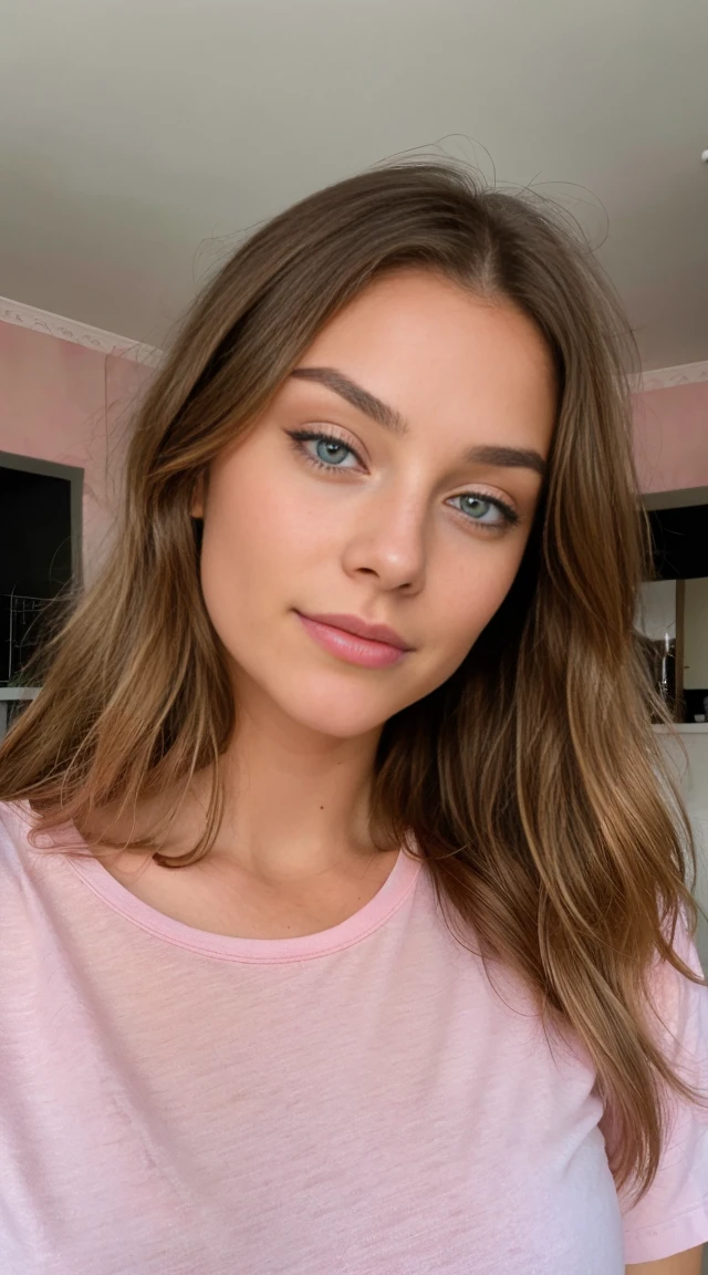 Belle brune aux reflets blonds portant un t-shirt rose (in a house), very detailed, 22 ans, , , visage innocent, natural wavy hair, blue eye, high resolution, head of&#39;artwork, best quality, intricate details, very detailed, sharpness, detailed skin, texture de peau realistic, texture, detailed eyes, Professionnel, 4K, charming smile, shot with Canon, 85mm, shallow depth of field, Kodak Vision Color, corps parfaitement ajusté , extremely detailed, la photographie_\(ultra\), photorealistic, realistic, Post-traitement, Maximum details, roughness, real life, ultra realistic, photorealism, la photographie, 8k uh, la photographie, sexly