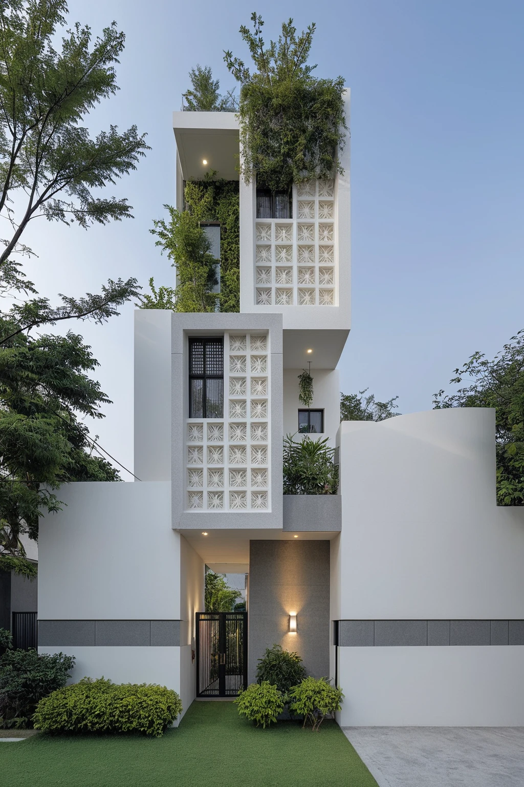 RAW photo, a photo of a modern house, (curvilinear archrchitecture:1.4), Wabisabi style rounded wall, white grey wall, sidewalk, sidewalk trees, ((grey gate:1.2)), road, viet nam modern residence, ((architectural shot)), rough white wall, new residential area, wide angle exterior 2022, contemporary house, exterior photography, masterpiece, contemporary architecture, overcast, indirect lighting