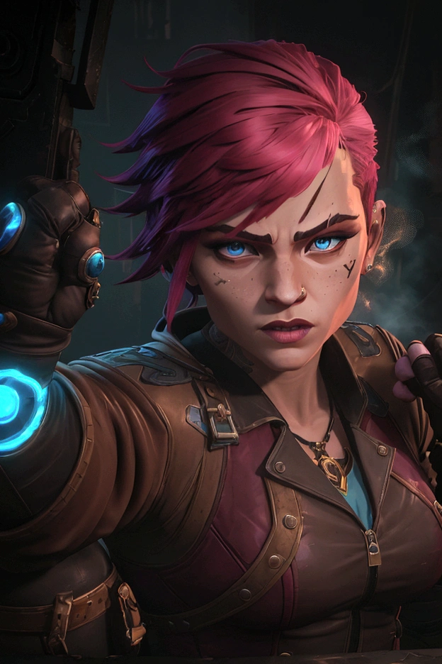 A dynamic pose of Vi from Arcane: League of Legends, with detailed face, wearing her signature blue and yellow jacket, with her gauntlets raised, and a determined expression on her face. She has short pink hair, blue eyes, and a Roman numeral VI tattoo on her cheek. Her attire is punk-inspired, featuring a leather jacket, and she has large mechanical gauntlets. Her physique is athletic and muscular. The background is a dark, gritty alleyway in Zaun, with flickering neon lights and smoke in the air. The scene is lit by a single spotlight, illuminating Vi.