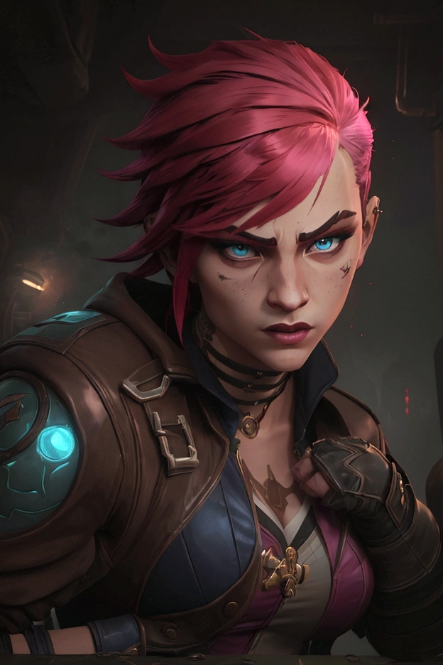 
A dynamic pose of Vi from Arcane: League of Legends, with detailed face, wearing her signature blue and yellow jacket, with her gauntlets raised, and a determined expression on her face. She has short pink hair, blue eyes, and a Roman numeral VI tattoo on her cheek. Her attire is punk-inspired, featuring a leather jacket, and she has large mechanical gauntlets. Her physique is athletic and muscular. The background is a dark, gritty alleyway in Zaun, with flickering neon lights and smoke in the air. The scene is lit by a single spotlight, illuminating Vi.