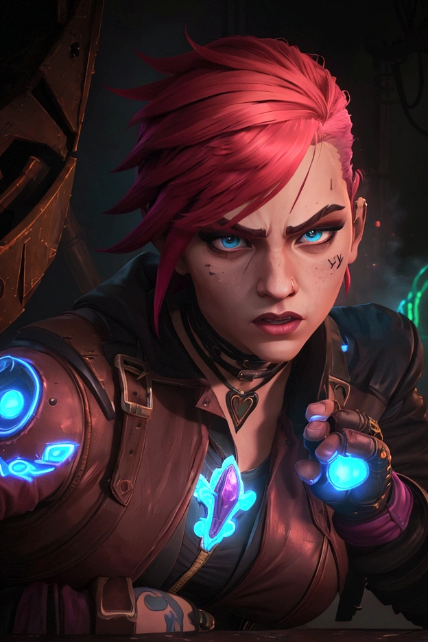 
A dynamic pose of Vi from Arcane: League of Legends, with detailed face, wearing her signature blue and yellow jacket, with her gauntlets raised, and a determined expression on her face. She has short pink hair, blue eyes, and a Roman numeral VI tattoo on her cheek. Her attire is punk-inspired, featuring a leather jacket, and she has large mechanical gauntlets. Her physique is athletic and muscular. The background is a dark, gritty alleyway in Zaun, with flickering neon lights and smoke in the air. The scene is lit by a single spotlight, illuminating Vi.