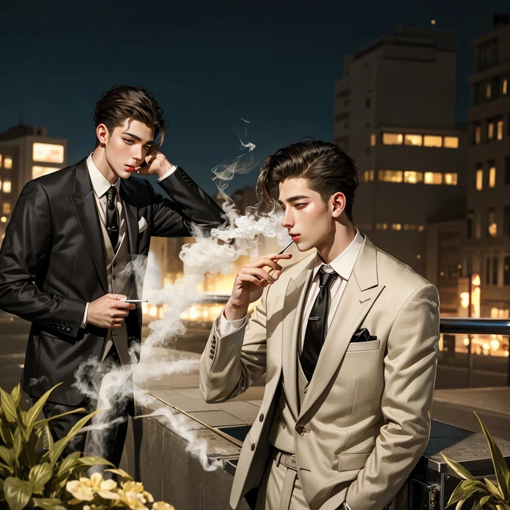 Young man in a suit and tie lighting his cigarette, 20 years old men smoking a cigarette, gibli realistic, handsome young man lighting his cigarette, smoking, gentlemen, perfect face, perfect head, perfect hands, perfect fingers