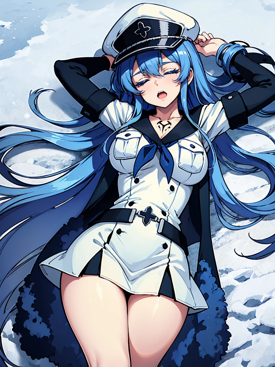 (artwork, best quality) a girl with long blue hair, closed eyes, blue eyelashes, white sailor suit with captain's hat, big breasts, perfect body, pretty eyes, good waist, tattoo, screaming with joy, arms and legs open, lying in the snow