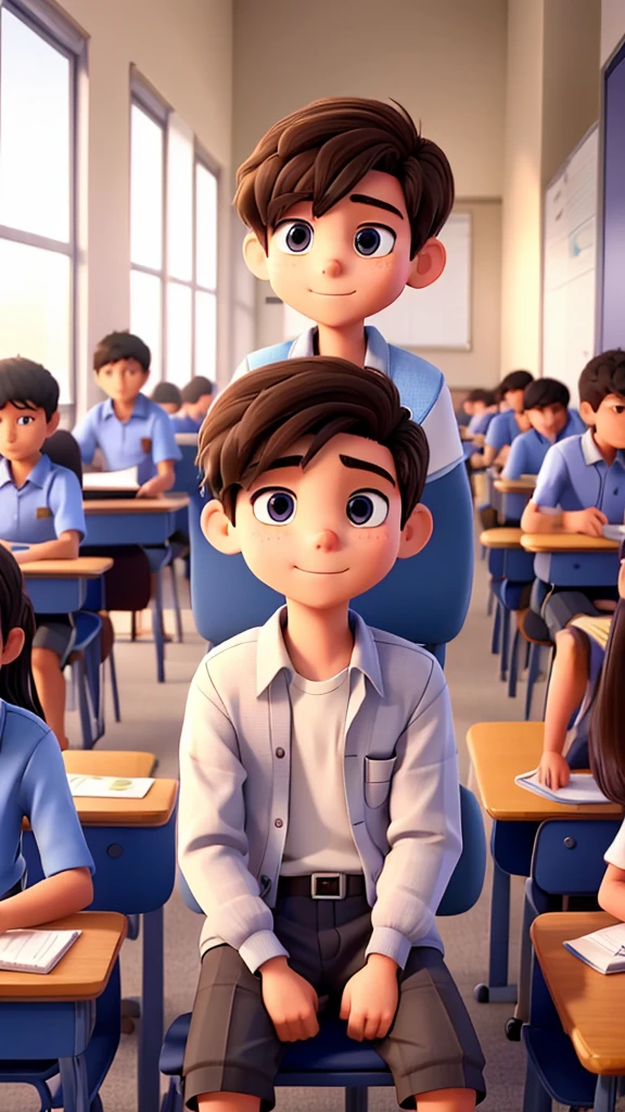 A student boy, in high school student clothes, They are sitting in the classroom, taking the test, there are other students in the room and they are all studying and taking the test.