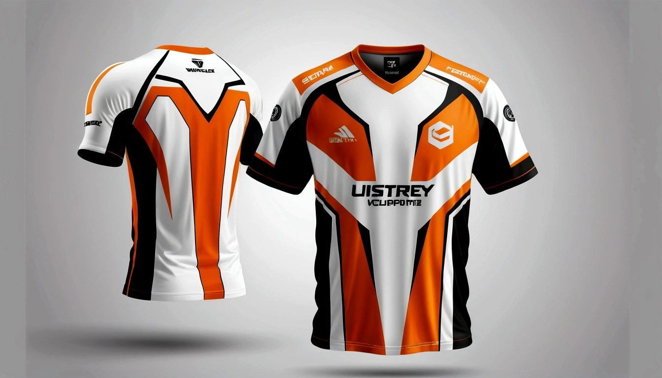 a orance and white jersey with a futuristic design, racing, e-sport style, no jersey, sport clothing, wearing a volleyball jersey, sports clothing, off white jersey, shirt design, t shirt design, e-sports logo vector, esports, realistic clothing, tshirt design, t - shirt design, t-shirt design, gaming, professional sports style, sport t-shir