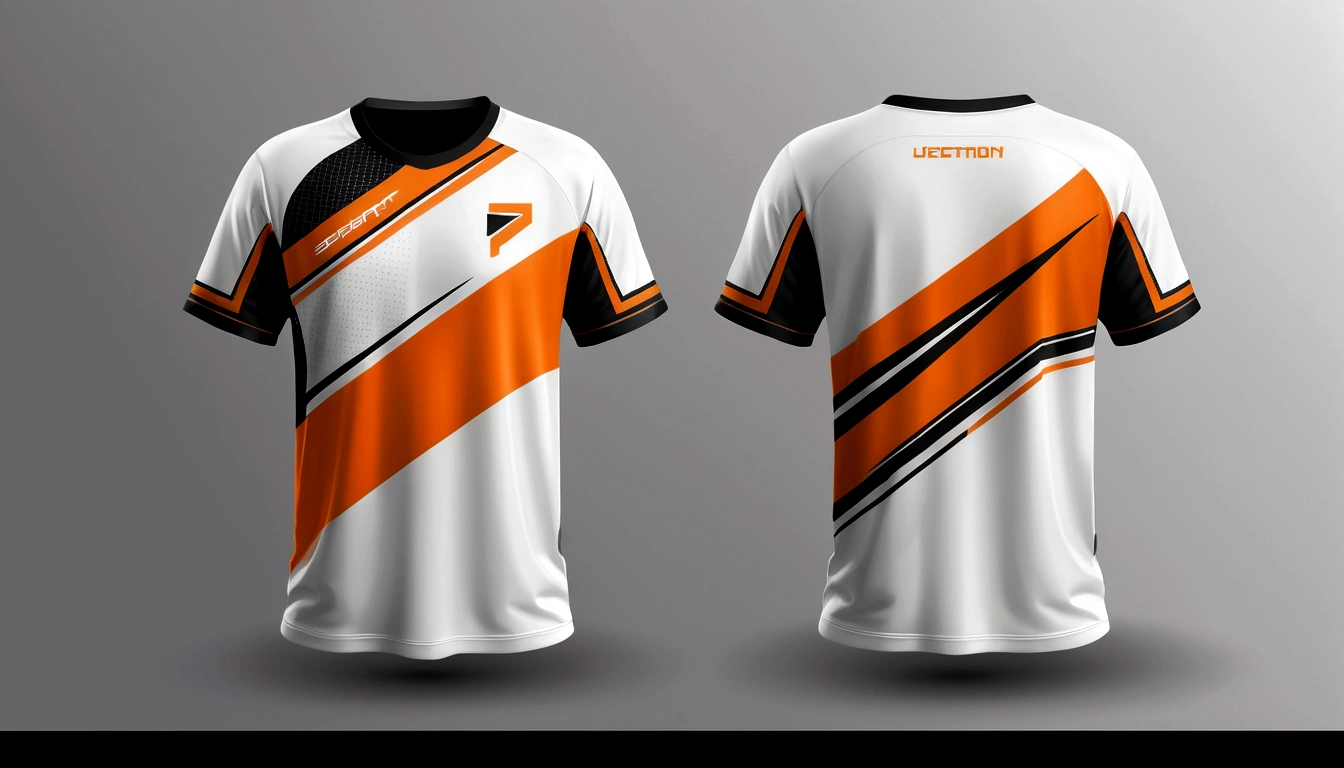a orance and white jersey with a futuristic design, racing, e-sport style, no jersey, sport clothing, wearing a volleyball jersey, sports clothing, off white jersey, shirt design, t shirt design, e-sports logo vector, esports, realistic clothing, tshirt design, t - shirt design, t-shirt design, gaming, professional sports style, sport t-shir