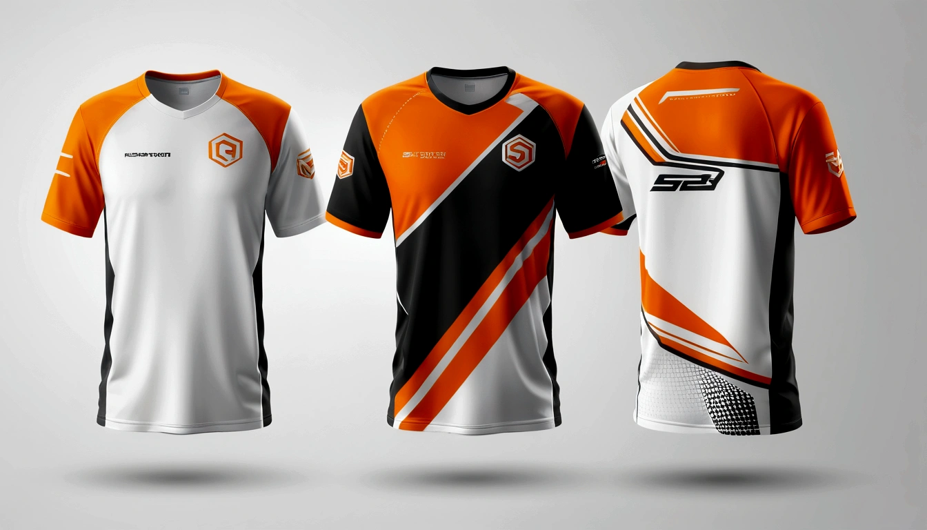 a orance and white jersey with a futuristic design, racing, e-sport style, no jersey, sport clothing, wearing a volleyball jersey, sports clothing, off white jersey, shirt design, t shirt design, e-sports logo vector, esports, realistic clothing, tshirt design, t - shirt design, t-shirt design, gaming, professional sports style, sport t-shir