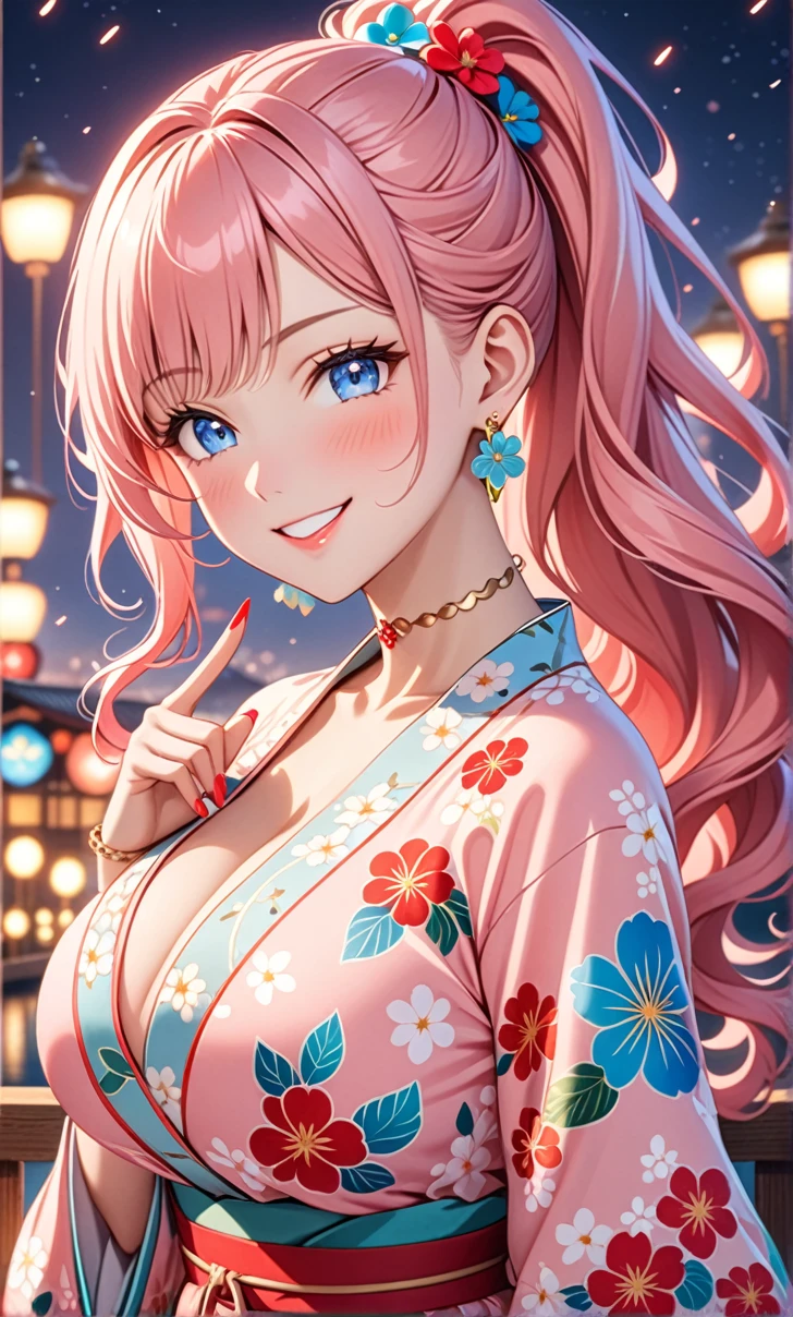 ultra-detailed, ((one girl)), in pastel colors girl, hyper detailed, absurdres, 8K, Beautiful Face, (Laugh shyly), ((teasing smile:1.8)), ((Wink:1.8)), (Laugh with your mouth wide open),(Tilt your head:1.3), ((put index finger on mouth:1.3)), View your viewers, ((Bright red cheeks:1.6)),Glossy Red Lips, ((Big Breasts:1.5)), (valley),night, On Bridge, firework, (Brighten your face), ((Anime style background)),masterpiece, Highest quality, so beautiful,Latest, Complex details, (Pink long nails), (nail art), (ring),(bracelet), (Floral Choker),AI-generated, Complex,High resolution, Highest quality, super high quality,3D Images、3D Images,One person,Pastel pink long hair,(High Ponytail), (wavy hair:1.3), Pastel anime woman posing for a photo, ((Fine grain、blue eyes、glowing eyes:1.4)), (Squint your eyes:1.1),a hyperRealistic , hyperRealistic , Realistic,Anime woman with long pastel pink hair, Smooth anime CG art, A girl in a gorgeous pastel-colored kimono, ((Pastel-colored furisode)),(Pink large floral pattern) ,Long flower hair ornament,Floral Earrings,Mature Body, tall,Abdominal muscles,Tight waist,((arched back:1.9)), (front view),