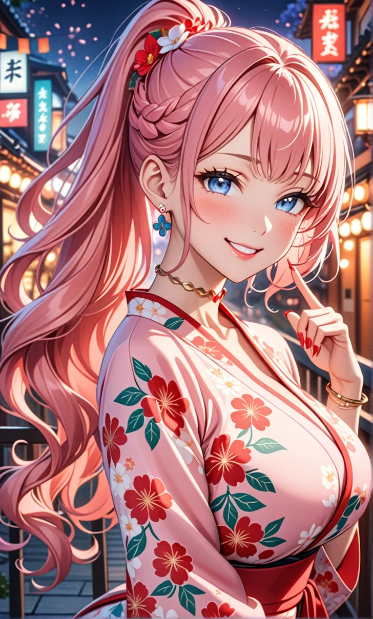 ultra-detailed, ((one girl)), in pastel colors girl, hyper detailed, absurdres, 8K, Beautiful Face, (Laugh shyly), ((teasing smile:1.8)), ((Wink:1.8)), (Laugh with your mouth wide open),(Tilt your head:1.3), ((put index finger on mouth:1.3)), View your viewers, ((Bright red cheeks:1.6)),Glossy Red Lips, ((Big Breasts:1.5)), (valley),night, On Bridge, firework, (Brighten your face), ((Anime style background)),masterpiece, Highest quality, so beautiful,Latest, Complex details, (Pink long nails), (nail art), (ring),(bracelet), (Floral Choker),AI-generated, Complex,High resolution, Highest quality, super high quality,3D Images、3D Images,One person,Pastel pink long hair,(High Ponytail), (wavy hair:1.3), Pastel anime woman posing for a photo, ((Fine grain、blue eyes、glowing eyes:1.4)), (Squint your eyes:1.1),a hyperRealistic , hyperRealistic , Realistic,Anime woman with long pastel pink hair, Smooth anime CG art, A girl in a gorgeous pastel-colored kimono, ((Pastel-colored furisode)),(Pink large floral pattern) ,Long flower hair ornament,Floral Earrings,Mature Body, tall,Abdominal muscles,Tight waist,((arched back:1.9)), (front view),