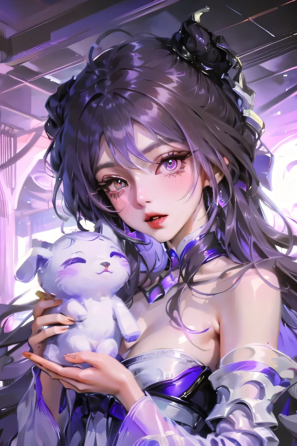 1 girl, naked, animal ears, purple eyes, Brown hair, wing, Single, long hair, blush, Cat ears, flowers, I look at the audience, Hair, a gift, dress, pink flowers, a gift, hair accessories, bang, cat, bloom, animal ear hair, Keep, Virtual Youtuber, Blue a gift, Keep animal, Cat girl, Plush Toys