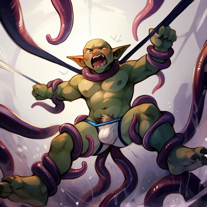 (high quality, highres, masterpiece), solo, male, adult, ((goblin, bald, green skin)), shouting for help, ((detailed face, black pupils)), ((white jockstrap)), big round nipples, ((round pectorals, large pecs, big male chest, soft muscular_chest)), (small_body, short_frame, shortstack), narrow_waist, large feet, attacked by tentacles, restrained by tentacles, bondage, BDSM, tentacles everywhere, pubes, ((struggling, thrashing, motion blur, motion lines)), simple lighting, full body view, dynamic angle, (by milkytiger1145:0.9, by garnetto:0.5)