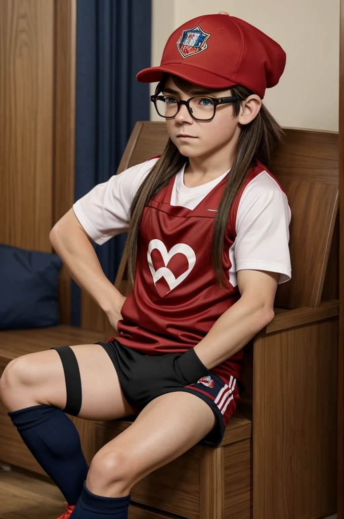 anime character, masculine, dwarf, tender, he has soccer pants, tiene una camiseta de i love ❤️ DANTOKYS, has messy brown hair, He has a red cap and glasses
