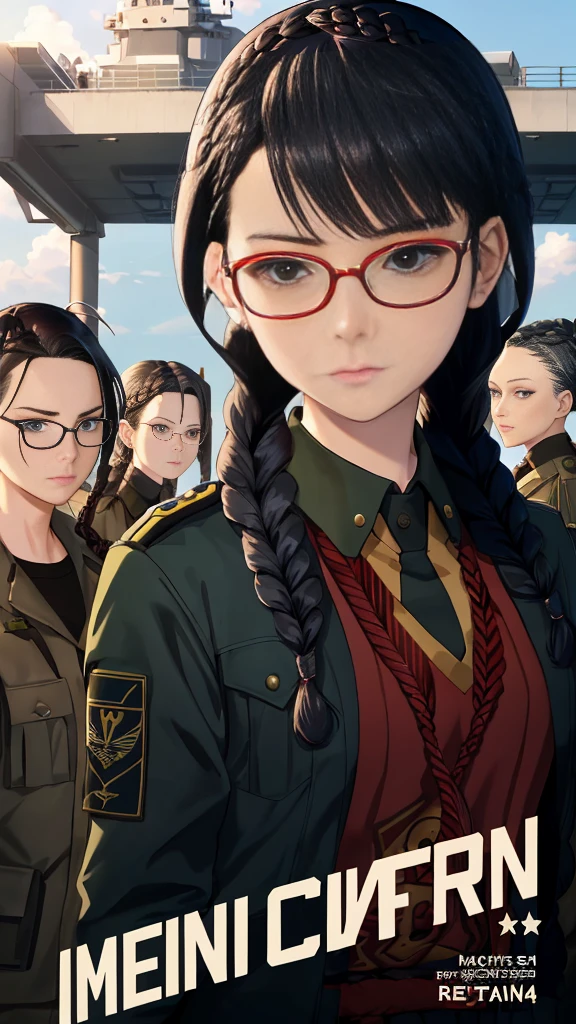 (nsfw), movieポスター, ((Braided Hairstyles : 1.5)), Anime Reference 86, sf, sf, movie, War Action movie, null間, atmosphere, null, Battleship, Multiple characters, woman, adult, Green Eyes, Black Hair, (Pia's Bangs Hairstyle) : 1.8, (Red glasses), General uniform, White Commander's, Realistic facial details, realism, 3D Face,

This provocative movie poster features a group of adult female characters from an action-packed war film, set against the backdrop of a battleground. One of the women stands out, with her