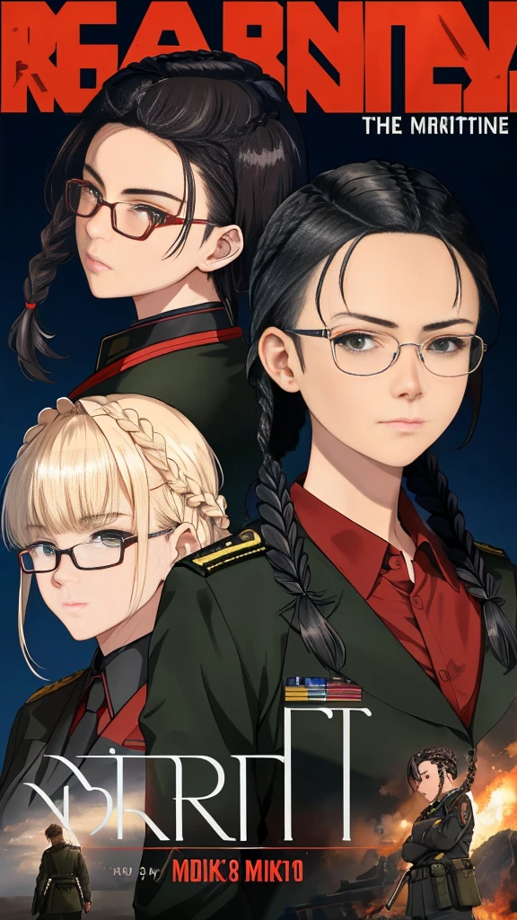 (nsfw), movieポスター, ((Braided Hairstyles : 1.5)), Anime Reference 86, sf, sf, movie, War Action movie, null間, atmosphere, null, Battleship, Multiple characters, woman, adult, Green Eyes, Black Hair, (Pia's Bangs Hairstyle) : 1.8, (Red glasses), General uniform, White Commander's, Realistic facial details, realism, 3D Face,
This provocative movie poster features a group of adult female characters from an action-packed war film, set against the backdrop of a battleground. One of the women stands out, with her