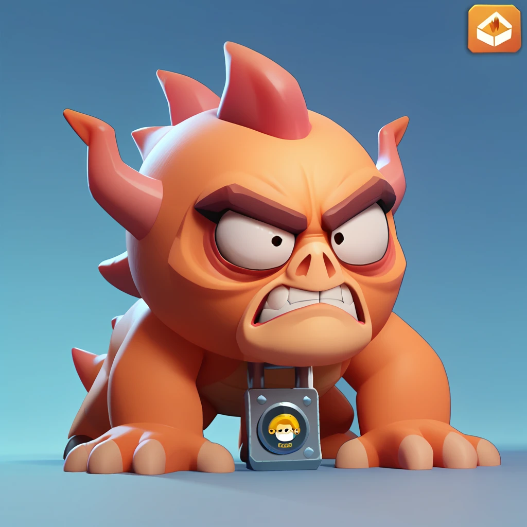 a cylindrical incubator containing a gelatinous monster, arms and legs coming out of the cylindrical incubator, colossal, the face of the gelatinous and angry monster, nuclear logo on the cylindrical incubator, brawl, brawl stars