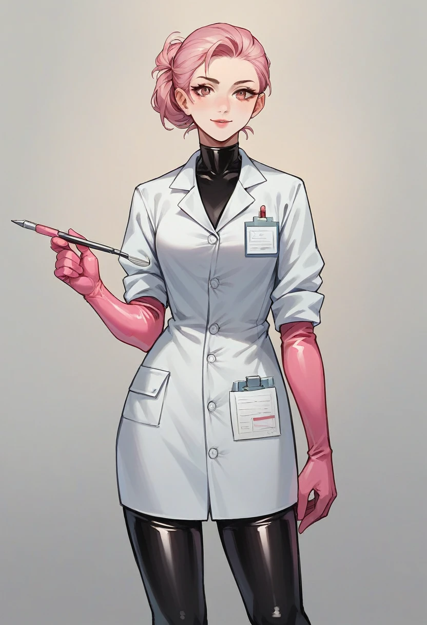 1girl, ((pink elbow gloves)), ((surgical gloves)), ((latex gloves)), ((long sleeves)) ((black surgeon outfit)), looking at viewer, ((doctor)), standing, solo