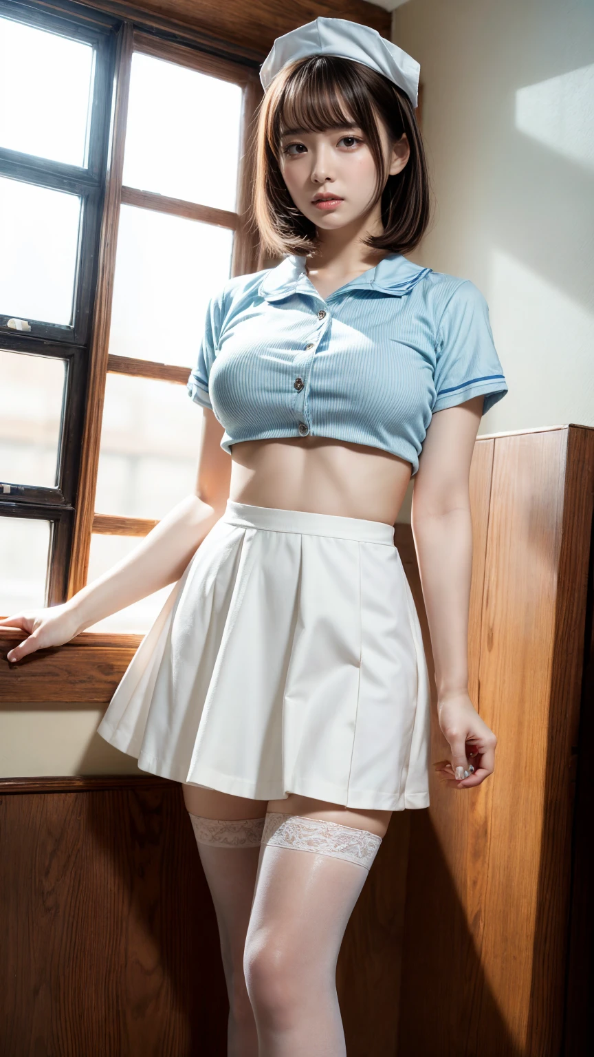 masterpiece, best quality, illustration, Super detailed, fine details, High resolution, 8K,wall paper, perfect dynamic composition,(Details High quality, realistic depiction of eyes:1.3), Hospital Rooms、White nurse cap、White tights、White nurse uniform、standing、Hand skirt、Flipping up a white skirt, large breasts,short bob hair, black hair color, Big Natural Color Lip, bold sexy pose, crying a little、20 year old girl、cute type、beautiful legs, hposing Gravure Idol