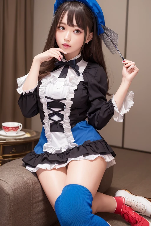 (((masterpiece))), (((highest quality: 1.4))), ((Super detailed: 1.4)) , ulzzang-6500-v1.1, (RAW Photos:1.2), (Realistic), (See through:1.3), (masterpiece), (Genuine:1.4), Very detailed, Sharp focus, Tensura:bright valentine、One beautiful woman, ((Beautiful, shiny silver grain、Detailed face、((Right eye is red、Bright blue left eye))、Gothic Lolita Maid Clothing、Knee-high socks、