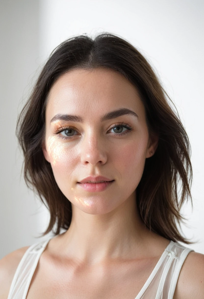 Photograph of a female model, white background,flare all over her face, invisible --ar 4:5 --s 50 --v 6.0 --style raw